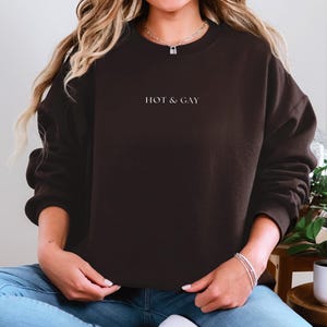 May include: A dark brown sweatshirt with the text "HOT & GAY" in white. The sweatshirt is a crew neck style and is being worn by a person wearing blue jeans and white sneakers.