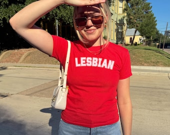 Lesbian Pride Baby Tee, Y2K 90s Style, Fitted Graphic T-Shirt