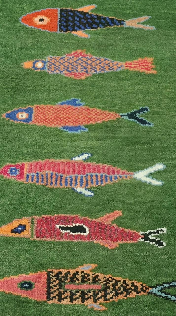Custom Fish Can Rug Handmade Wool Koi Fish Rug, Custom Green Carpet, Handwoven Entrance ...