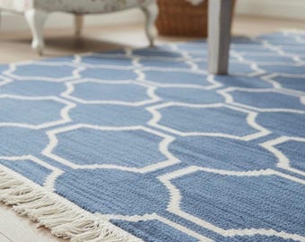Handgemaakt wollen kelimtapijt: blauw geometrisch bohodecor kelimtapijt, platgeweven omkeerbaar woonkamerdecor