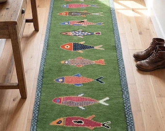 Handmade Wool Koi Fish Rug, Custom Green Carpet, Handwoven Entrance runner