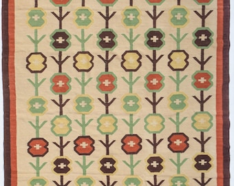 May include: A beige rug with a geometric pattern of green, yellow, red, and brown flowers. The flowers are arranged in rows and are outlined in black. The rug has a brown border.