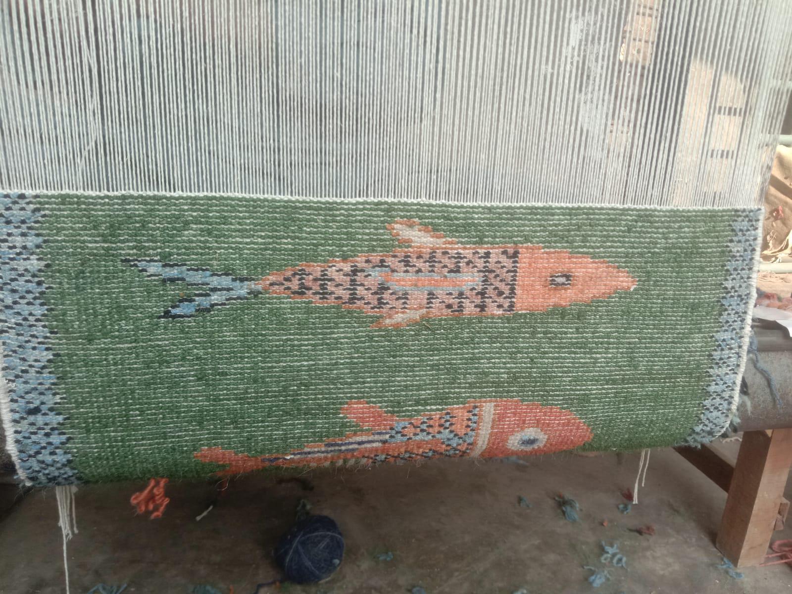 Custom Fish Can Rug Handmade Wool Koi Fish Rug, Custom Green Carpet, Handwoven Entrance ...