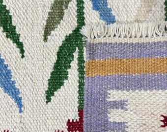 May include: A close-up of a woven rug with a floral pattern in shades of green, blue, and red. The rug has a fringe border and a light purple and yellow stripe.