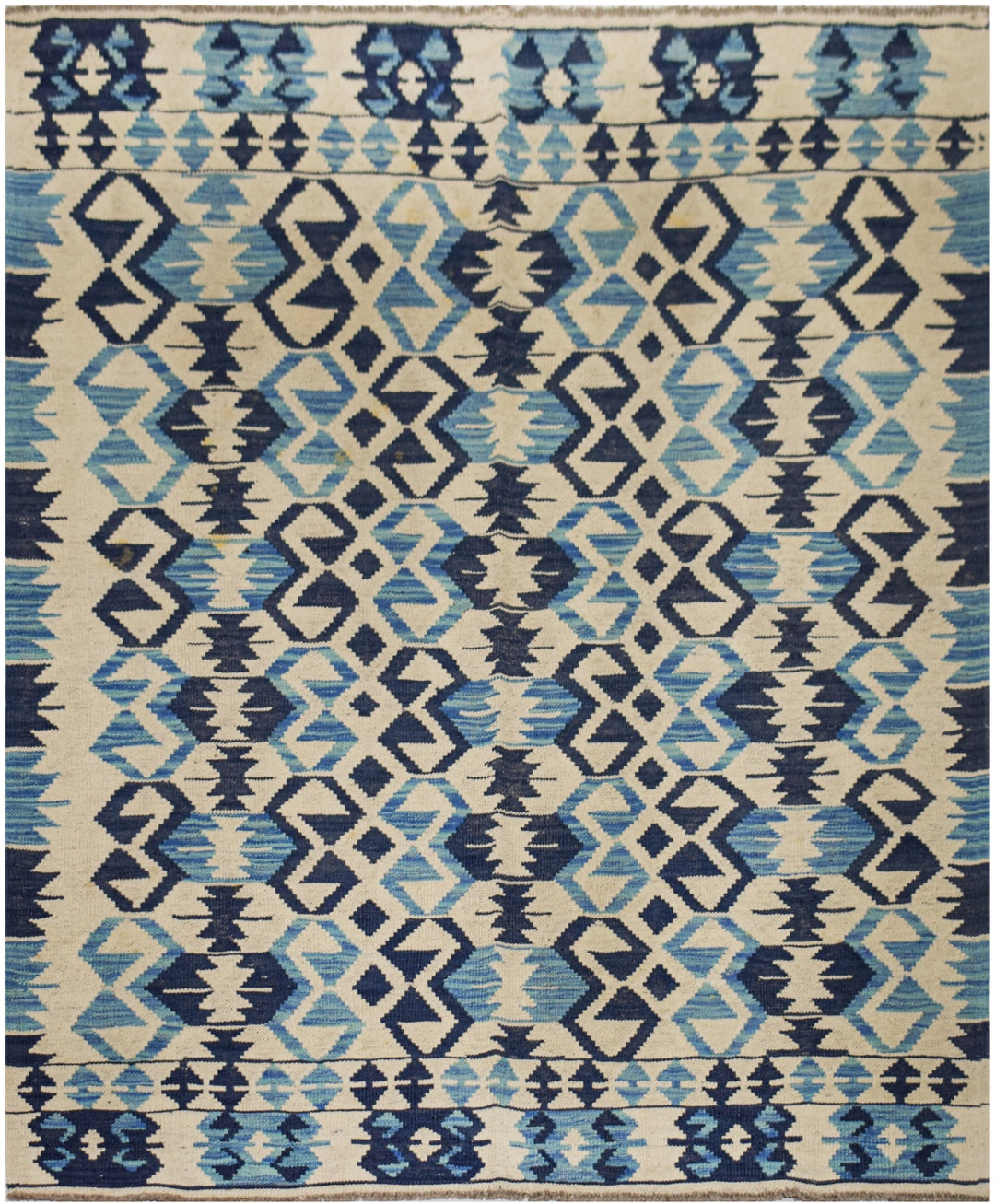 手織りアフガニスタンキリムラグ：ブルー＆グレーウール、トライバル