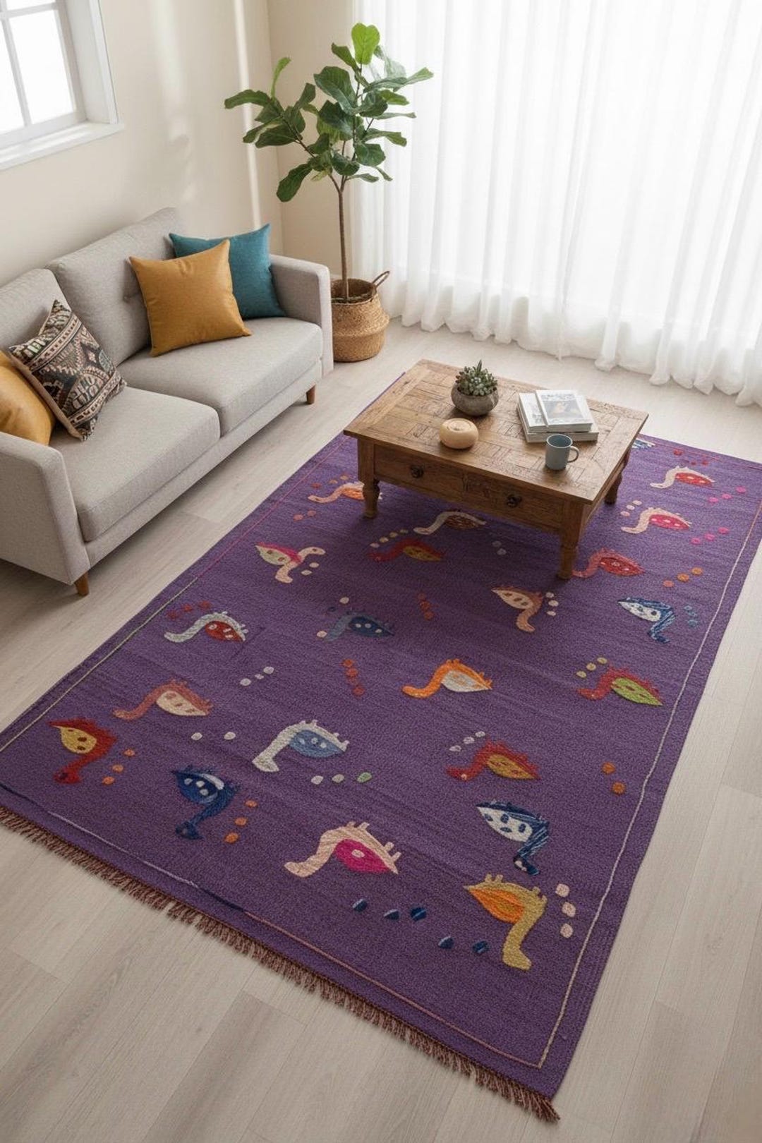 Hand Embroidered Wool Duck Rug, Purple Base, Multicolored Boho Nursery ...
