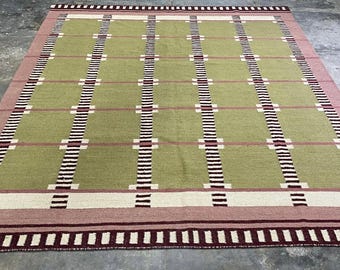 Handwoven Wool Kilim Rug – Green Plaid, Boho Farmhouse Decor