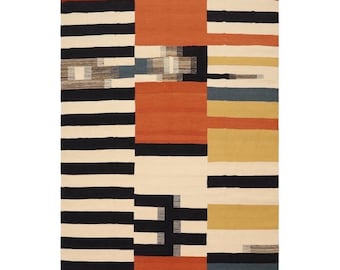 Handmade Wool Kilim Rug: Modern Geometric Turkish Flatweave
