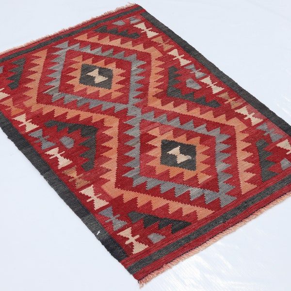 Afghan Maimana Kilim Rug, 75cm x 99cm, 2.5'ft x 3.2'ft, Multicolored geomatric rug,Multipurpose stripped rug, Natural wool handmade carpet