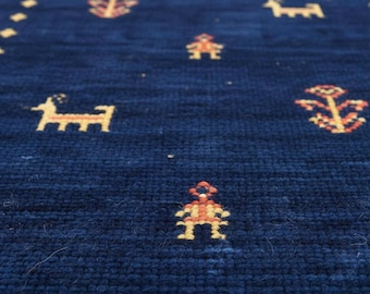 Handwoven Wool Kilim carpet: Modern Blue Bird Motif Gabeh Rug
