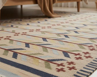 Rug & Kilimの幾何学模様のベージュのスカンジナビア風キリムラグ