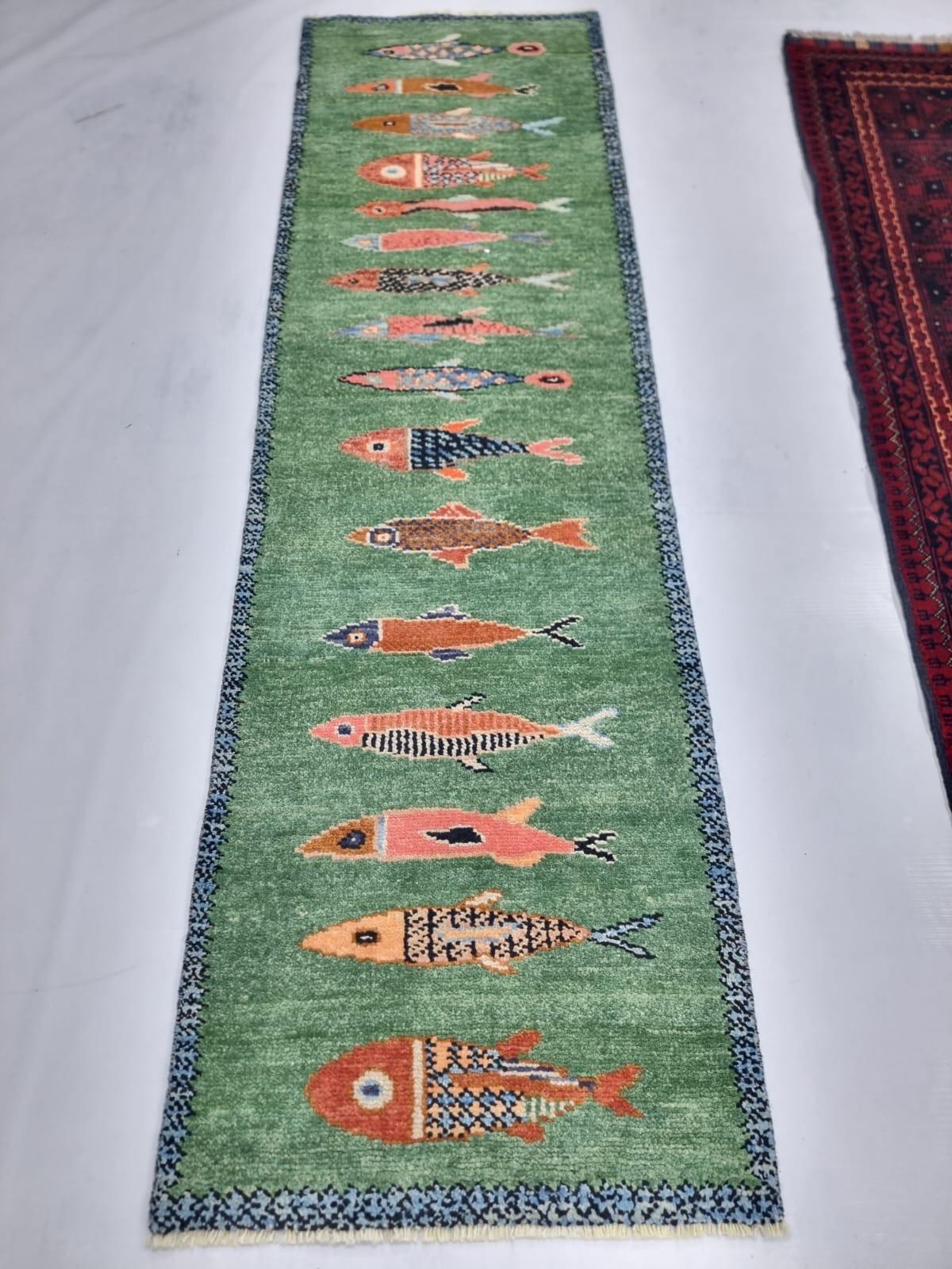 Custom Fish Can Rug Handmade Wool Koi Fish Rug, Custom Green Carpet, Handwoven Entrance ...