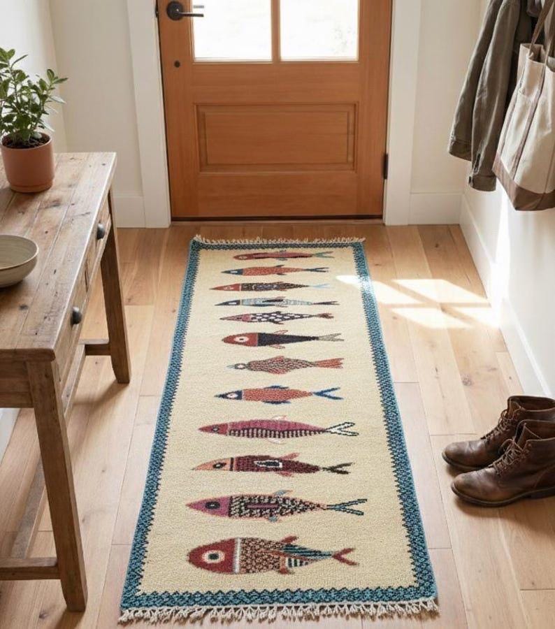 May include: A rectangular beige rug with a repeating pattern of colorful fish. The fish are in shades of red, blue, and brown, with a blue border and fringe. The rug is placed in a hallway.