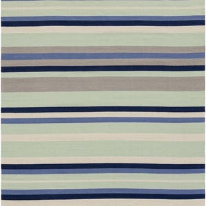 Op maat gemaakt handgeweven modern kelimtapijt, natuurlijke wollen platgeweven loper, blauw en grijs hedendaags Turks vloerkleed, minimalistisch kelimtapijt,
