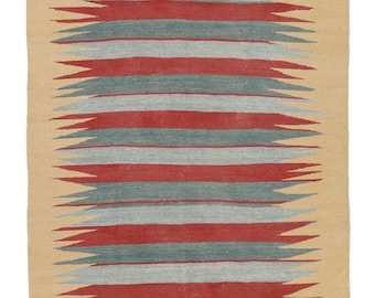 Handwoven Wool Kilim Rug: Modern Turkish Flatweave with Red & Mustard Stripes