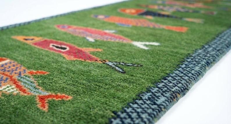 Custom Fish Can Rug Handmade Wool Koi Fish Rug, Custom Green Carpet, Handwoven Entrance ...