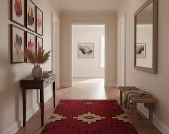 Op maat gemaakt wollen tapijt uit het zuidwesten: handgeweven kelim, tribal geometrisch decor