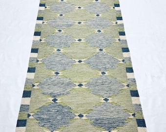 May include: A rectangular rug with a geometric pattern. The rug features a central design of overlapping diamond shapes in shades of green and blue. The borders have stripes of blue, white, and green. The rug is designed for indoor use.