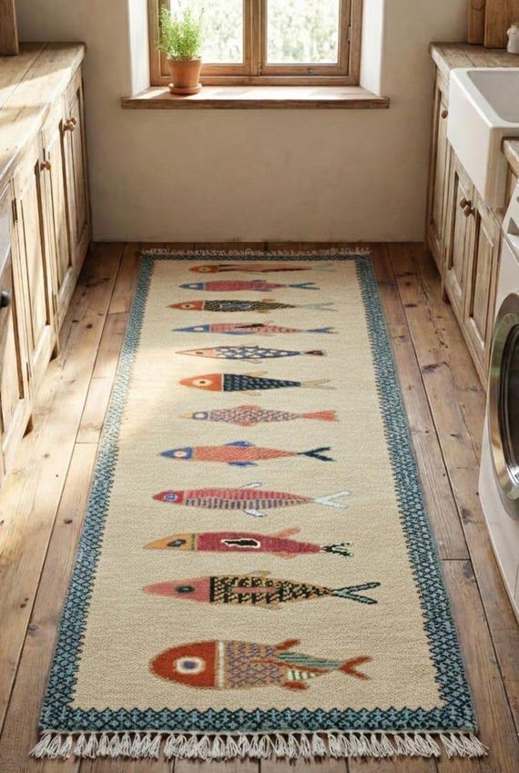 Handwoven Wool Koi Fish Runner Rug, Japanese-Inspired Home Décor