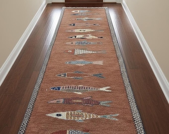 Handmade Wool Koi Fish Rug, Custom brown Carpet, Handwoven Entrance runner