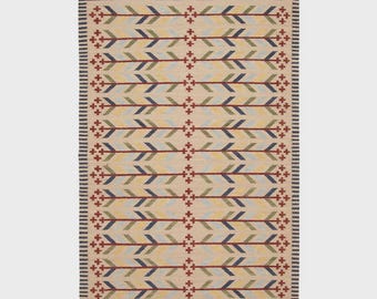 Handgewebter Wollkelim-Teppich: Skandinavischer geometrischer Teppich, individuelle Boho-Dekoration