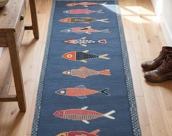 Handmade Coastal Blue Runner Rug – Woven Fish Pattern Hallway Mat, koi fish area decor