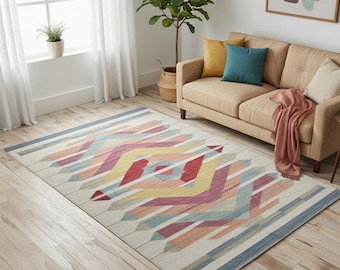 Handwoven Wool Kilim Rug: Colorful Turkish Flatweave Runner,minimalist boho bedroom decor