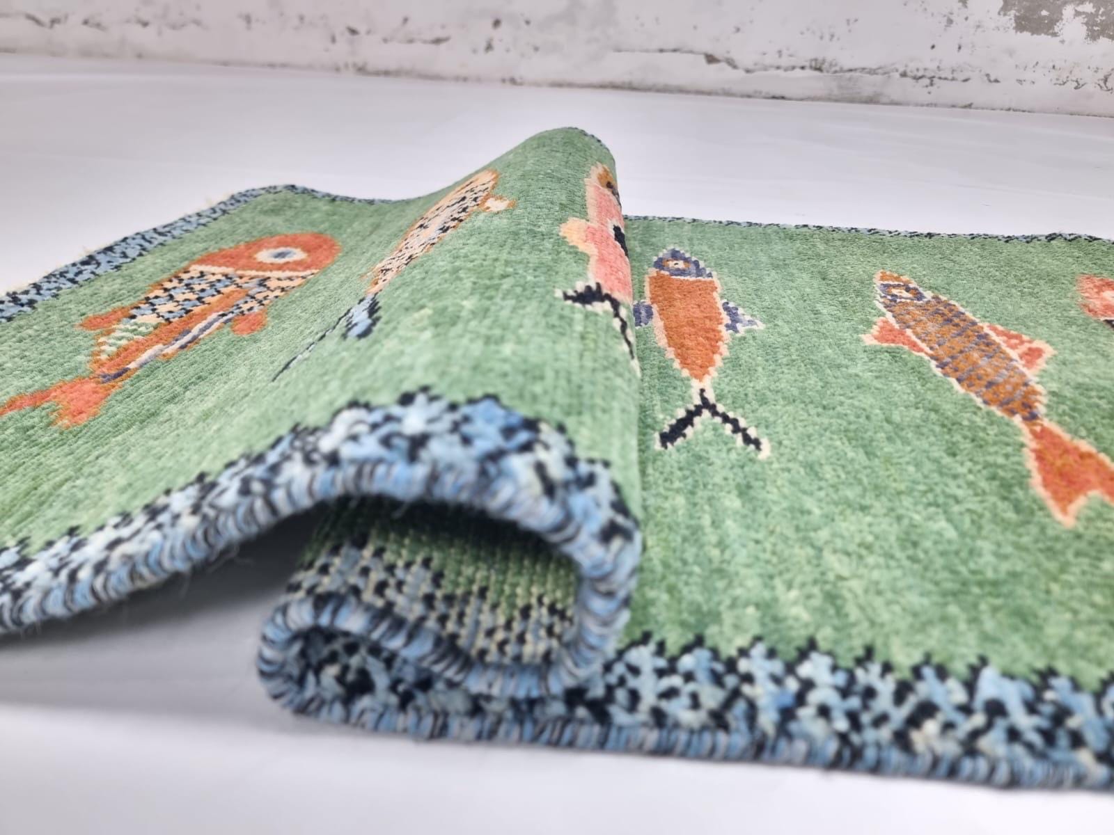 Custom Fish Can Rug Handmade Wool Koi Fish Rug, Custom Green Carpet, Handwoven Entrance ...