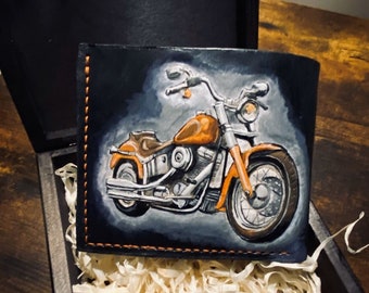 Harley Davidson Ledergeldbörse, handgefertigte Ledergeldbörse. 3D-Lederschnitzerei, Motorrad-Leder-Geldbörse, Herren-Geldbörse, Geschenke für Männer.