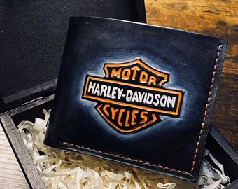 Harley Davidson Ledergeldbörse, handgefertigte Ledergeldbörse. 3D-Lederschnitzerei, Motorrad-Leder-Geldbörse, Herren-Geldbörse, Geschenke für Männer.