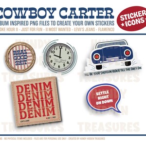 Cowboy Carter - Beyonce - Smoke Hour II, Just for Fun, II Most Wanted, Levii's Jeans, Flamenco - Set van 5 stickers - Stickerbestanden - PNG-bestanden