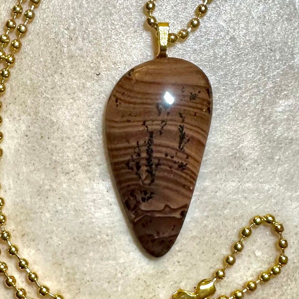 jasper, hand cut-polished reverse teardrop, 42x22mm,  dendrite picture jasper cabochon, brown-black, bail, 20in ball-chain, gold color