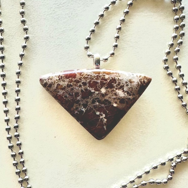 Jasper, hand cut & polished, reverse triangle, 27x43mm, wild horse, appaloosa, cabochon, brown - beige, 20 inch ball chain, silver color