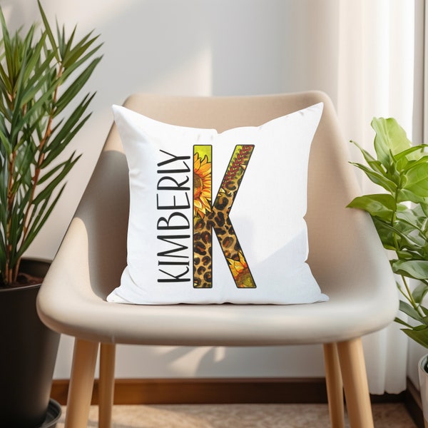 Softball Sunflower Leopard Print Square Pillow - Cover AND Insert - Teen Room - Sports Decor - Monogram Initial Pillow Decor - Travel Pillow