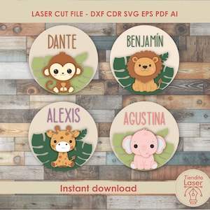Archiwum dla corte láser / Cartel Nombre Bebé Jungla Selva Elefante Mono León Jirafa/dxf cdr svg ai pdf / Descarga Inmediata