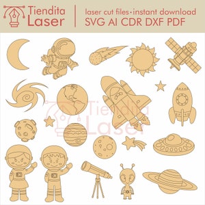 Archivo de corte láser de astronauta espacial, luna, sol, estrellas, extraterrestre (DXF, SVG, EPS, AI, PDF, CDR) descarga instantánea