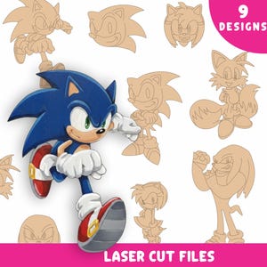 May include: An image featuring nine designs of Sonic the Hedgehog characters. The main image shows a blue Sonic figure with red shoes. Surrounding the main image are eight additional laser-cut designs of Sonic and friends. The text "9 DESIGNS" and "LASER CUT FILES" are also visible.