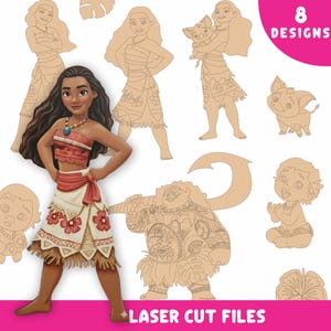 May include: A collection of laser cut files featuring eight designs of characters from a popular animated movie. The designs include a central character in a red and white outfit, and other characters in various poses. The text "8 DESIGNS" and "LASER CUT FILES" are also visible.