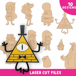 May include: A collection of 10 laser-cut wooden designs featuring characters from a popular animated series. The designs include various characters, a triangle with an eye, and the text "10 DESIGNS" and "LASER CUT FILES" in pink and white.