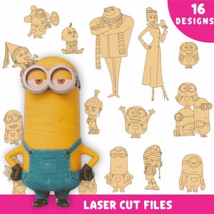 May include: A collection of laser-cut wooden designs featuring characters from the "Despicable Me" franchise. The image includes a large, three-dimensional Minion figure in the foreground, with various flat wooden cutouts of characters and the text "16 DESIGNS" and "LASER CUT FILES".