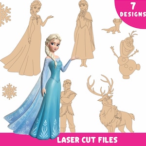 May include: A collection of laser cut files featuring characters from the animated film. The image includes a detailed figurine of Elsa in a blue dress, along with outlines of other characters and snowflakes. The text "7 DESIGNS" and "LASER CUT FILES" are also visible.