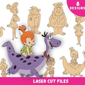 May include: A selection of laser cut files showcasing characters from The Flintstones cartoon. The image includes Fred, Wilma, Pebbles, and Dino. The text "8 DESIGNS" and "LASER CUT FILES" are also visible.