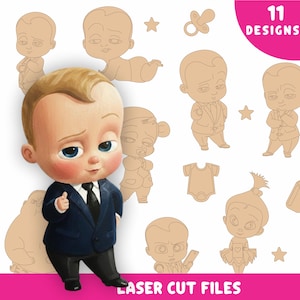 Może przedstawiać: Ilustracja dziecka w garniturze z kciukiem w górę, otoczonego 10 wzorami dzieci do wycinania laserem. Tekst "11 DESIGNS" w różowym okręgu i "LASER CUT FILES" na dole. Idealne do cięcia laserem.