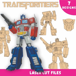 May include: An image featuring various Transformers designs. The image includes a detailed, painted Optimus Prime figure, alongside several laser-cut wooden designs of other Transformers characters and symbols. Text reads "TRANSFORMERS" and "LASER CUT FILES".
