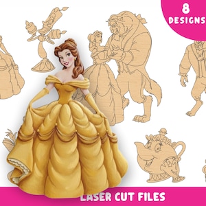 May include: A collection of laser cut files featuring characters from a fairy tale. The image includes a yellow dress, a dancing couple, and a teapot. The text "8 DESIGNS" and "LASER CUT FILES" are visible.