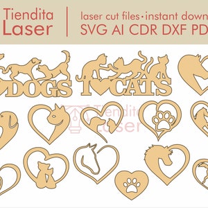 Huisdier hart/kat hond paard lasergesneden bestand/enkele regel vector pack/Dxf Svg Ai Eps Pdf Cdr