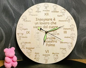 Personalized Teacher Clock – End of Year Gift with Children&#39;s Names and Engraved Dedication | Handmade