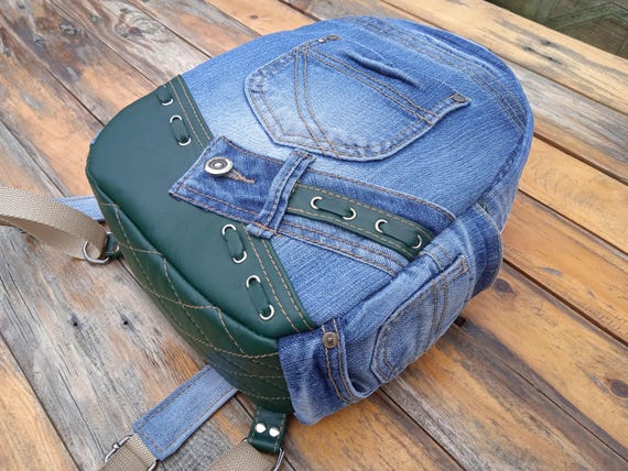 Upcycled Denim & Leather Bag, Urban Backpack, Small College