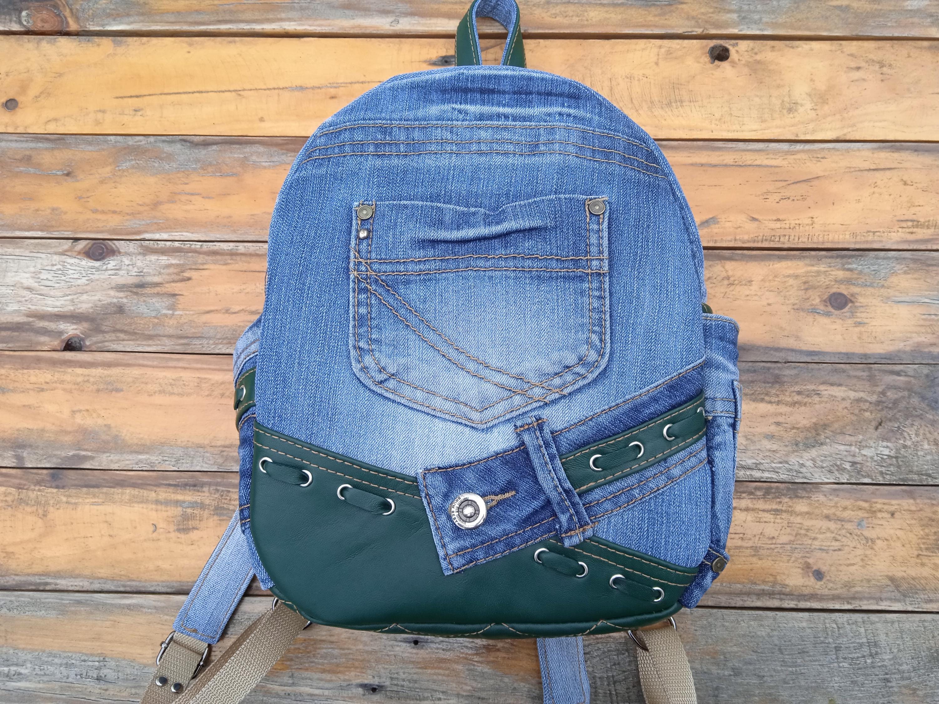 Upcycled Denim & Leather Bag, Urban Backpack, Small College