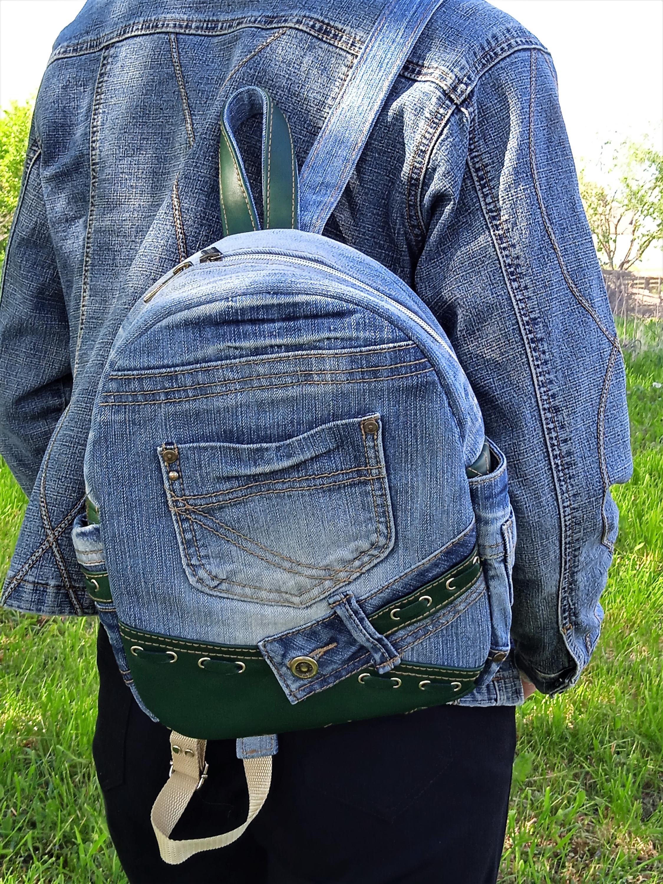 Upcycled Denim & Leather Bag, Urban Backpack, Small College